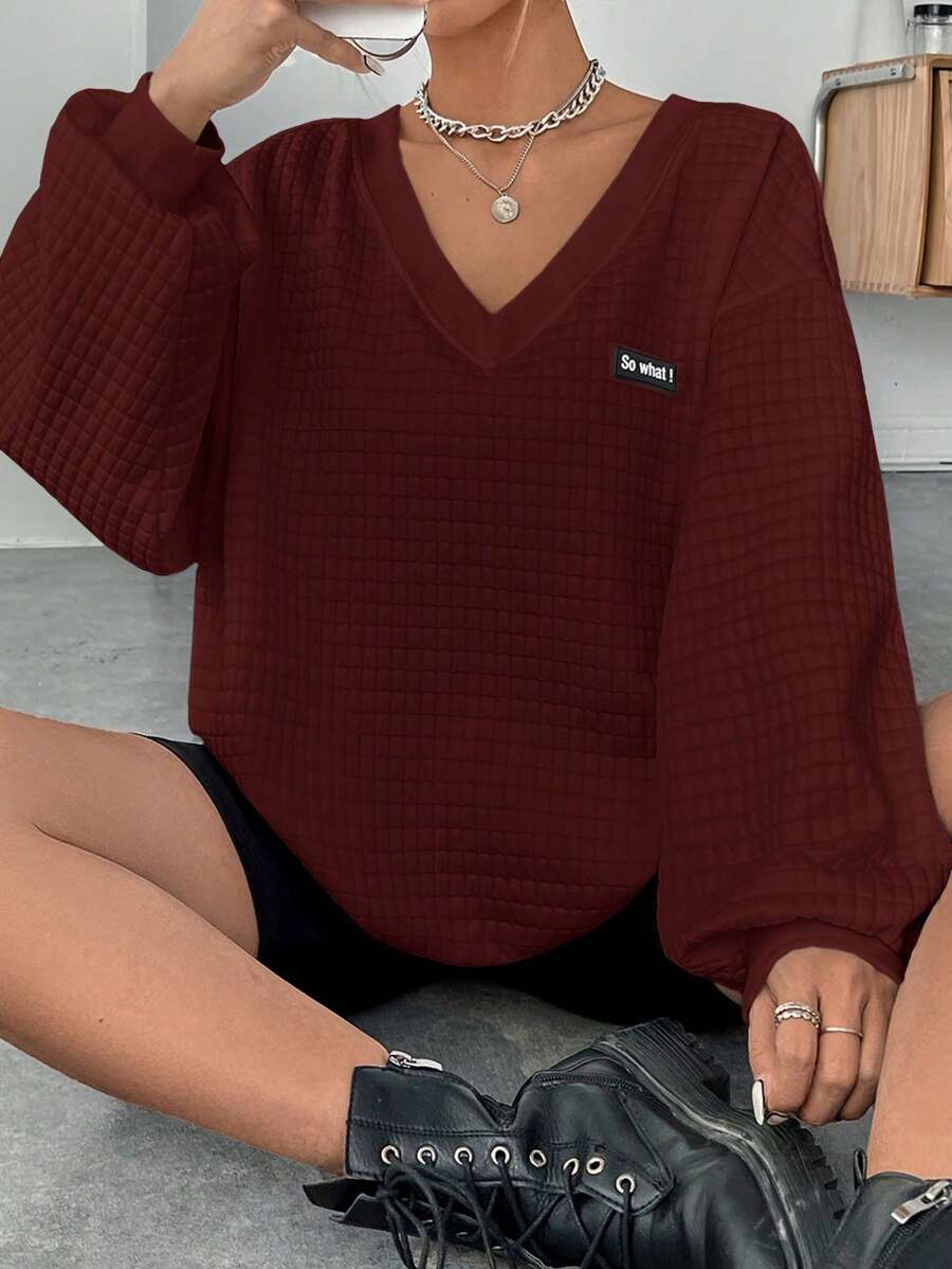 SHEIN EZwear Wine Knitted V-Neck Casual Sweatshirt