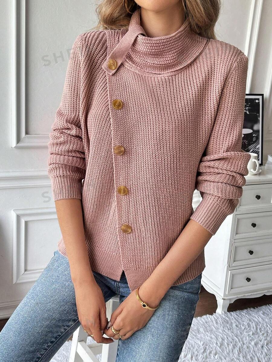 SHEIN LUNE Suéter de manga larga de unicolor, cuello alto y abotonado por delante