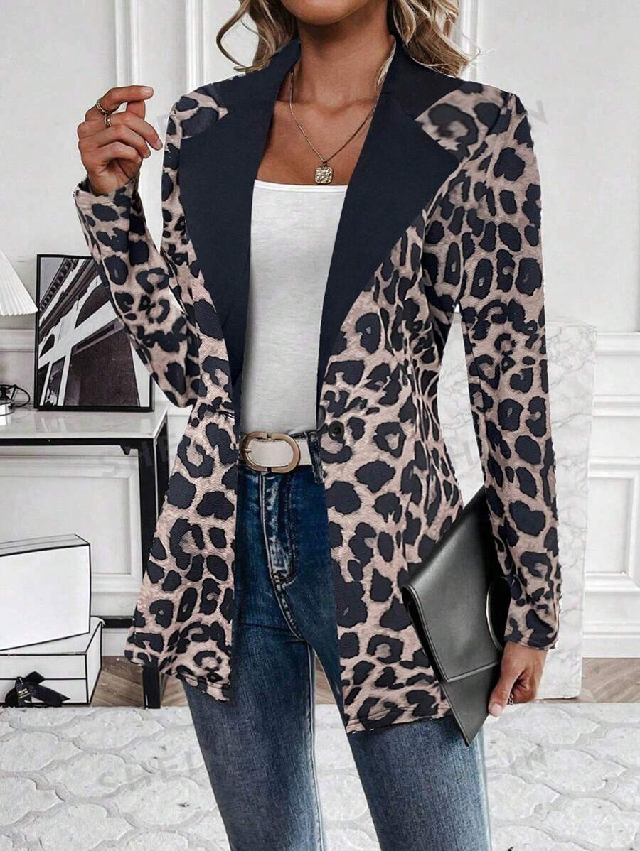 SHEIN Clasi Plus Size Leopard Patchwork Business Suit For Women, Suitable For Daily Wear