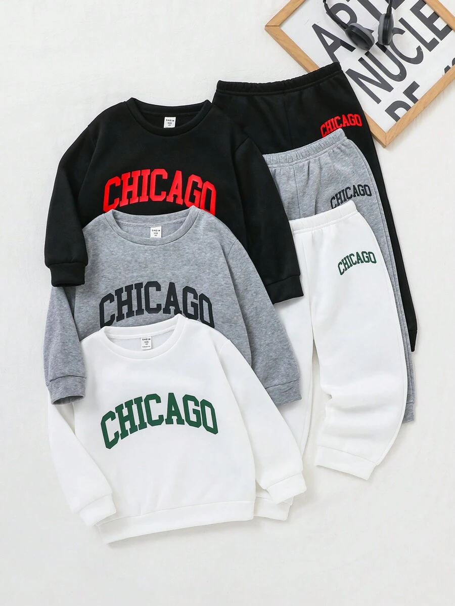 6pcs Casual Graphic Print Sweatshirt & Sweatpants Set, 3 Colors For Kids Boys And Girls, Comfortable For School, Leisure, And Outdoor Activities