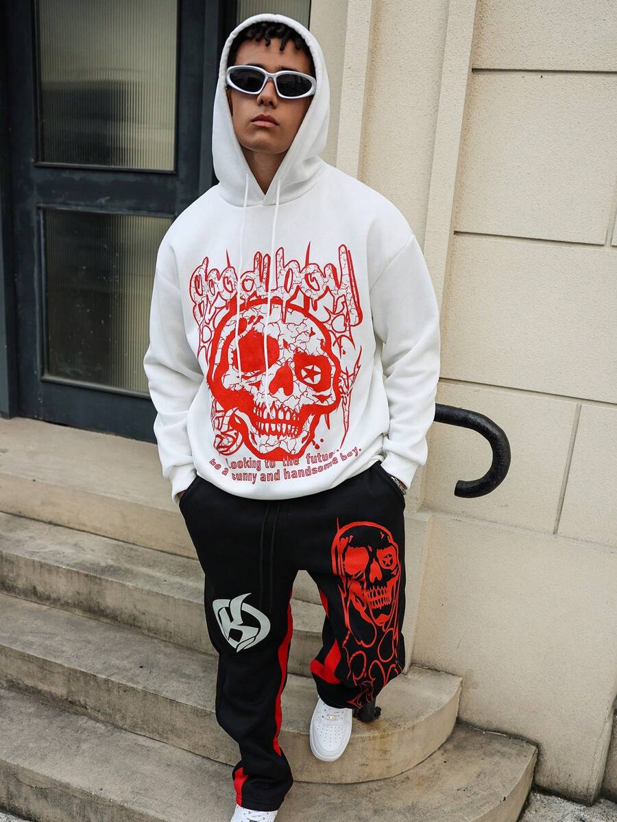 Manfinity EMRG Conjunto de Moletom e Calça de Moletom Casual Masculino com Estampa de Slogan e Caveira em Estilo Esportivo