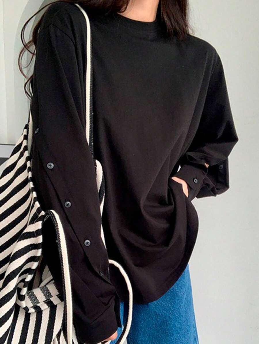 DAZY Women's Solid Color Button Decorated Split Sleeve Sweatshirt
