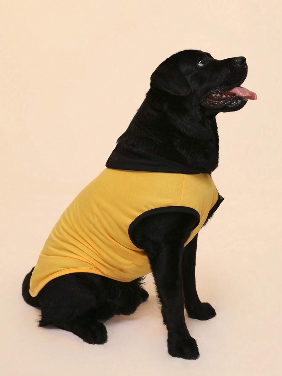 PETSIN Top de tanque sin mangas con capucha para perro y gato en negro y amarillo, bloqueo de color para verano como protector solar y anti-insectos