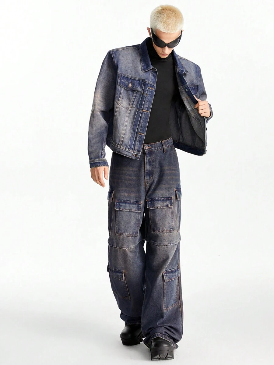 NEON BLANC Men's Washed Denim Jacket With Padded Shoulders And Oversized Fit