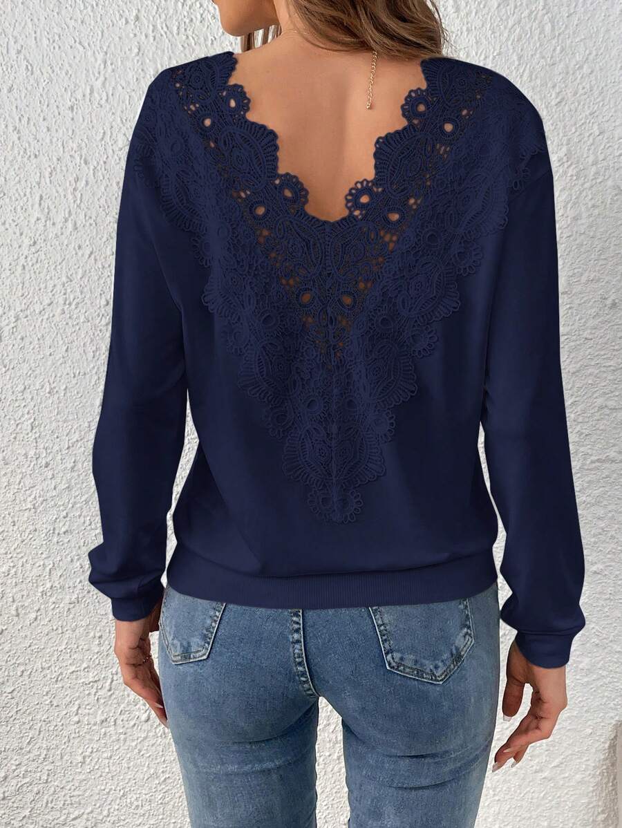 SHEIN Clasi Women's Solid Color Contrast Lace Drop Shoulder Long Sleeve Elegant Sweatshirt, Spring & Fall