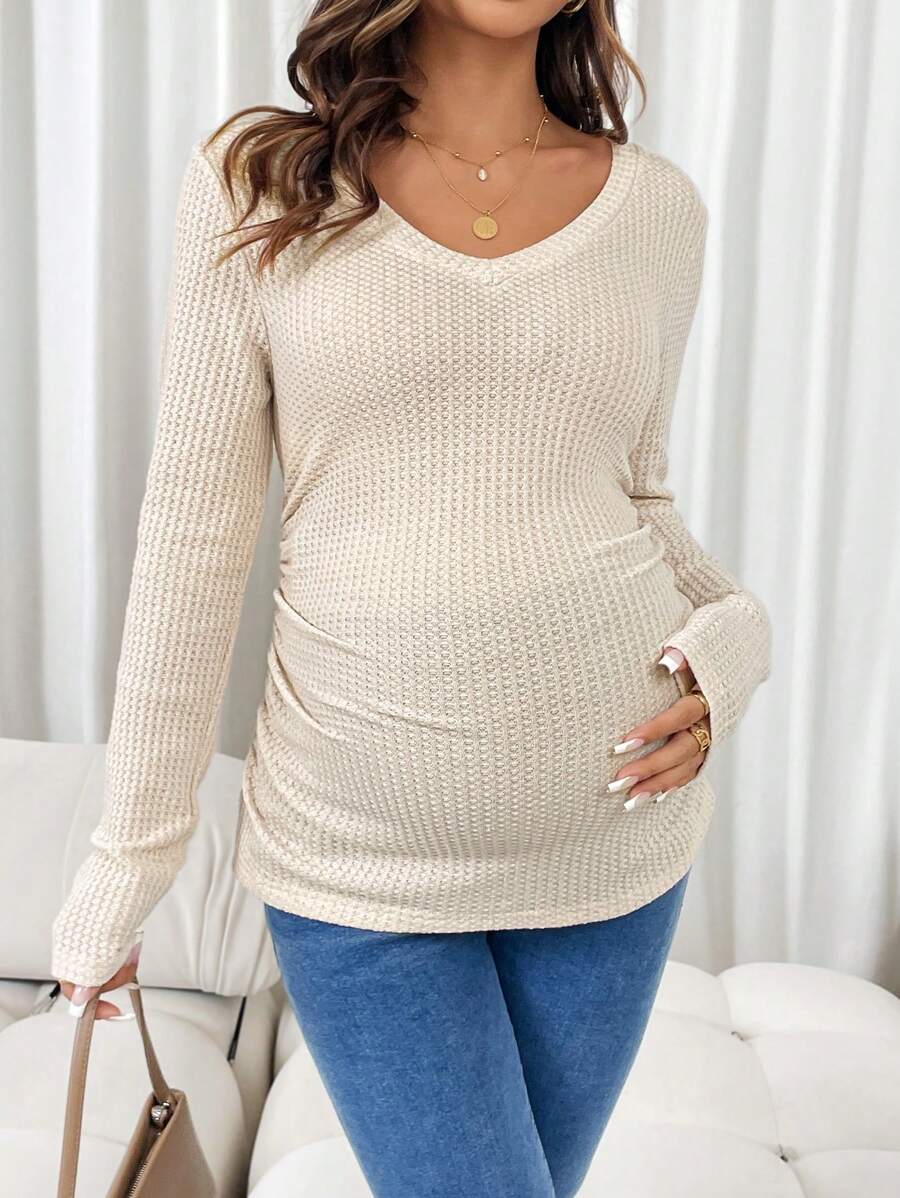 SHEIN Maternity Solid V-Neck Ruched Long Sleeve T-Shirt