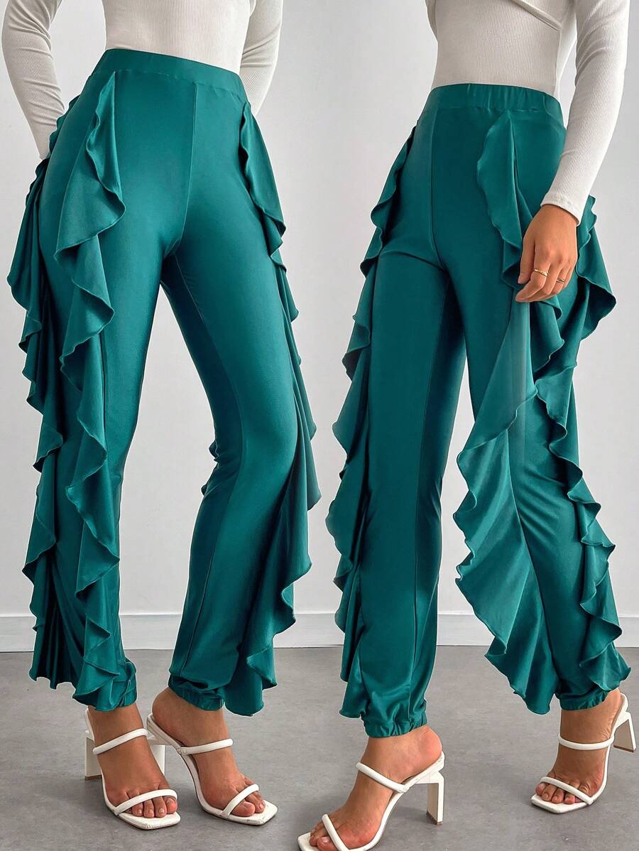 Chiquease Elegant Solid Color Flounced High Sheen Pants
