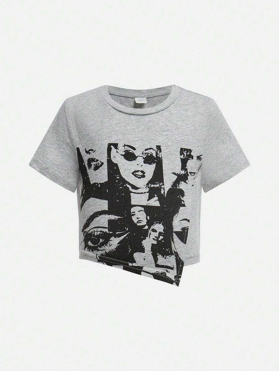 SHEIN Young Girl Casual Round Neck Short Sleeve Knit Sporty Top, Grey Graphic Tee