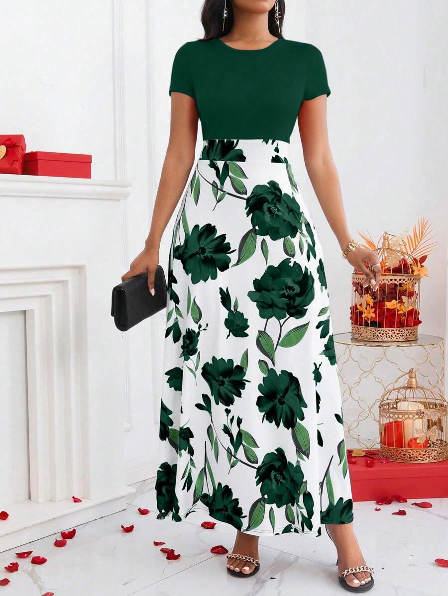 Lyxana Solid Color Patchwork Round Neck Short Sleeve Casual Long Dress Maxi Women Outfit