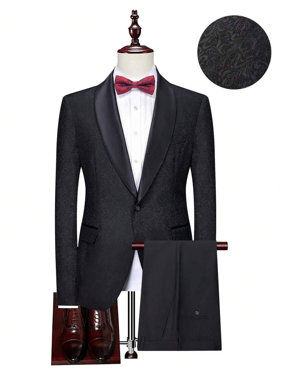 Manfinity AFTRDRK Men's Solid Color Shawl Collar Long Sleeve Blazer And Pants 2-Piece Business Suit Set