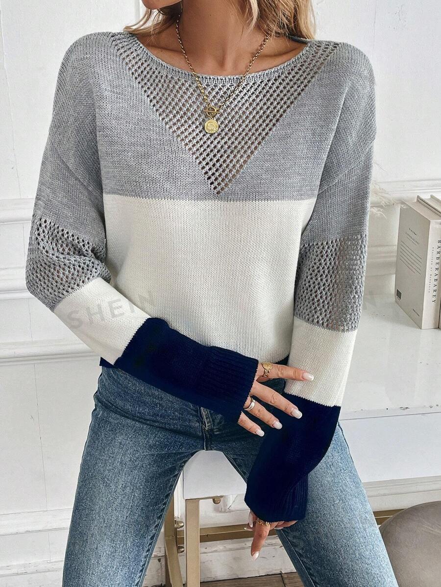 Chiquease Suéter casual de cuello redondo a bloques de color de manga larga para mujer