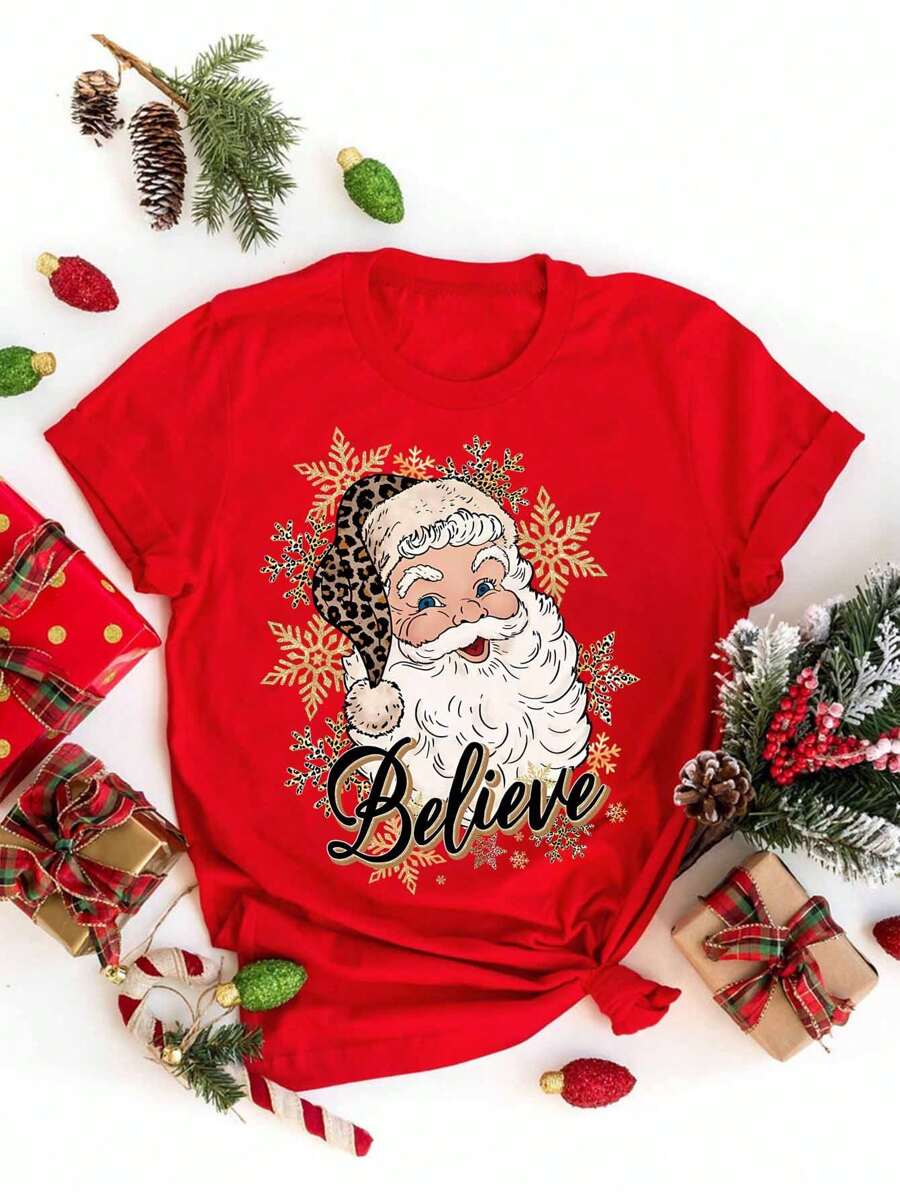 Flirla Plus Size Christmas Santa Claus Printed Crew Neck Short Sleeve T-Shirt For New Year Clothes Graphic Tees Women Tops