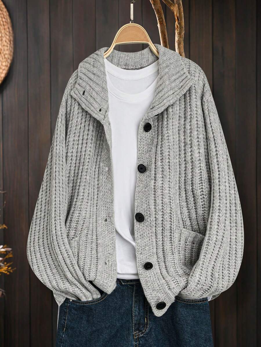 Chiquease Casual Loose Knit Turndown Collar Pocket Design Cardigan