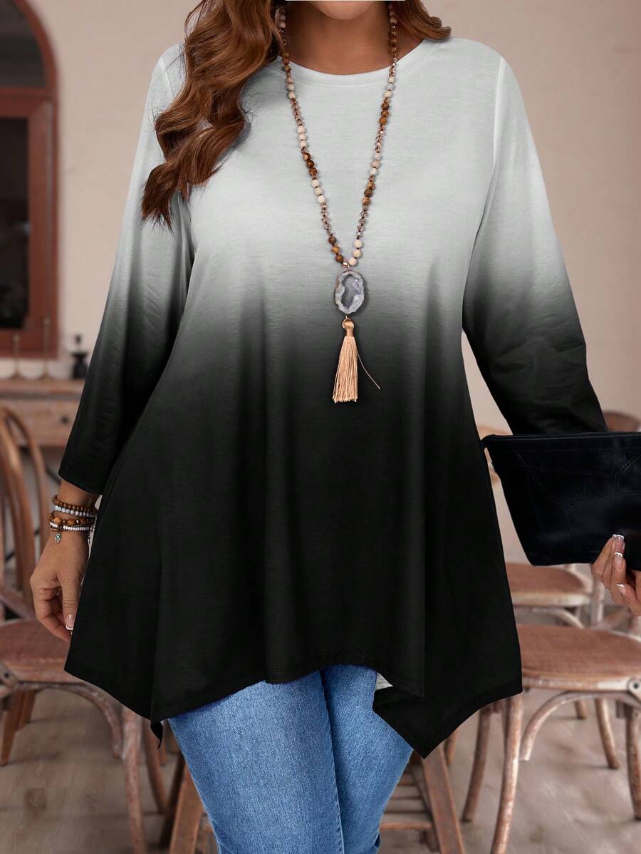 EMERY ROSE Plus Size Vrouwen Gradient Ronde Hals Lange Mouw Casual Losse T-shirt, Lente Herfst, Voor Zomer