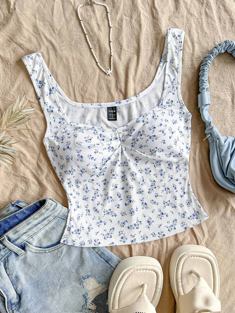 Soleia Top tipo camisola básico, estilo vacacional, de tela de punto con estampado floral azul y blanco, escote cuadrado, torcido en el frente, abertura lateral, ideal para boda, playa, resort, festival de música, verano y estilo bohemio
