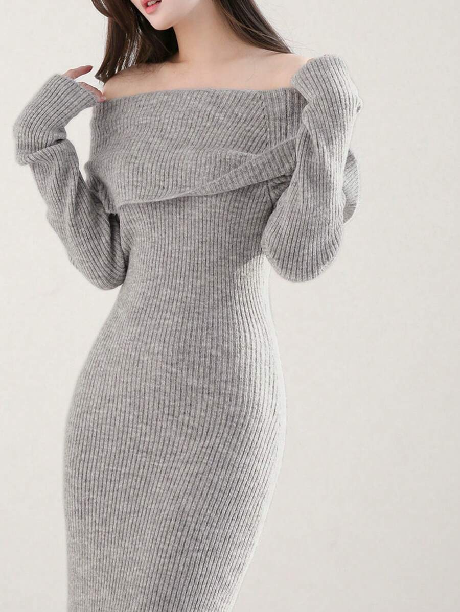 DAZY Women Off-Shoulder Long Knitted Bodycon Sweater Dress, Grey, Spring/Summer/Autumn