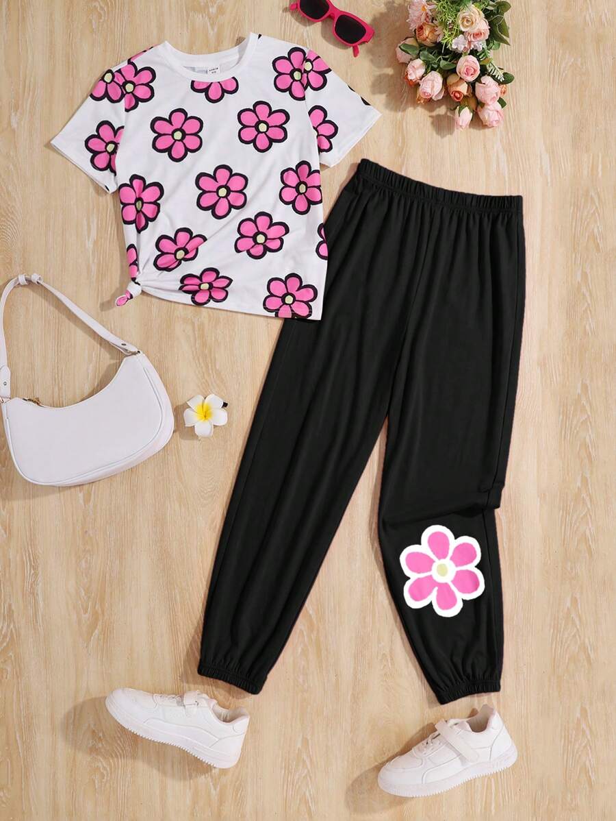 SHEIN Lässiges Strick-Set mit Rundhalsausschnitt und Hose mit elastischem Saum für Tween Mädchen