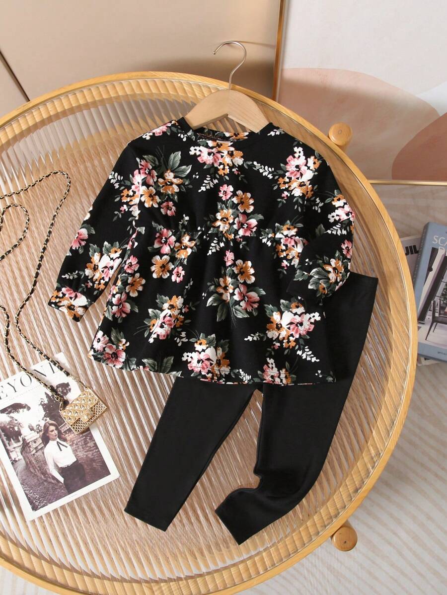 SHEIN Baby Girl 2pcs Baby Girls Floral Print Knitted Elastic Waist Long Sleeve Top And Pants Set, Autumn Winter