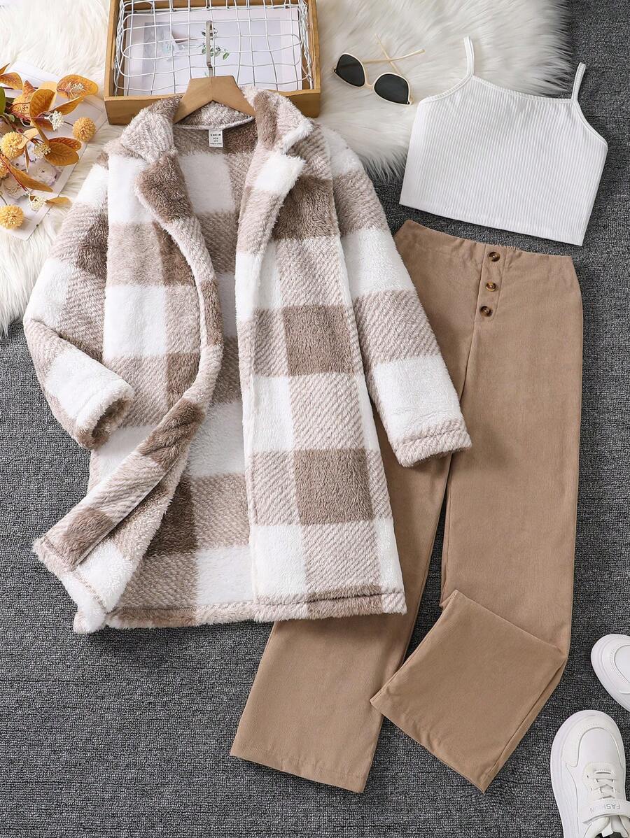 SHEIN 3 Stücke/Set Tween Mädchen Top Einfarbig, Hose und karierte Jacke aus Plüsch als lässiges Outfit