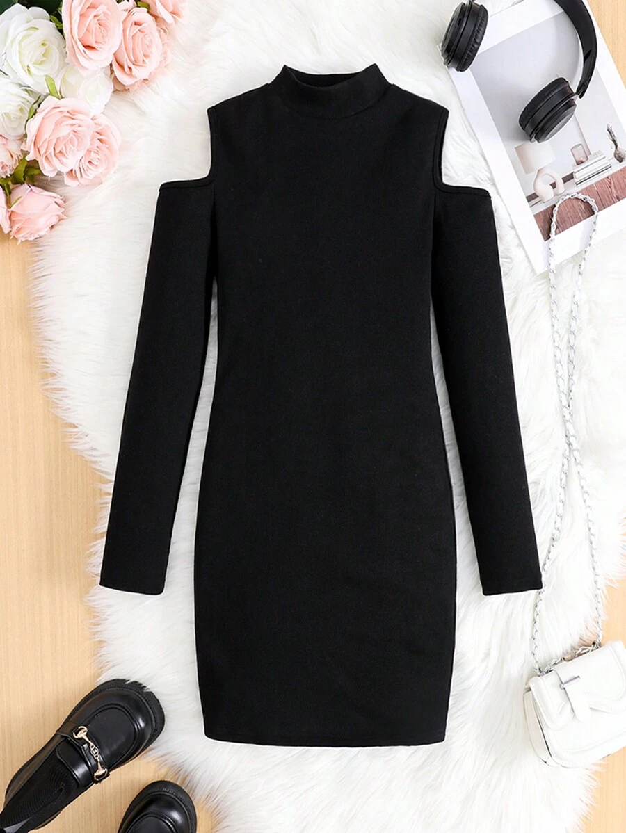 Tween Girls Hollow-Out High Neck Knitted Dress