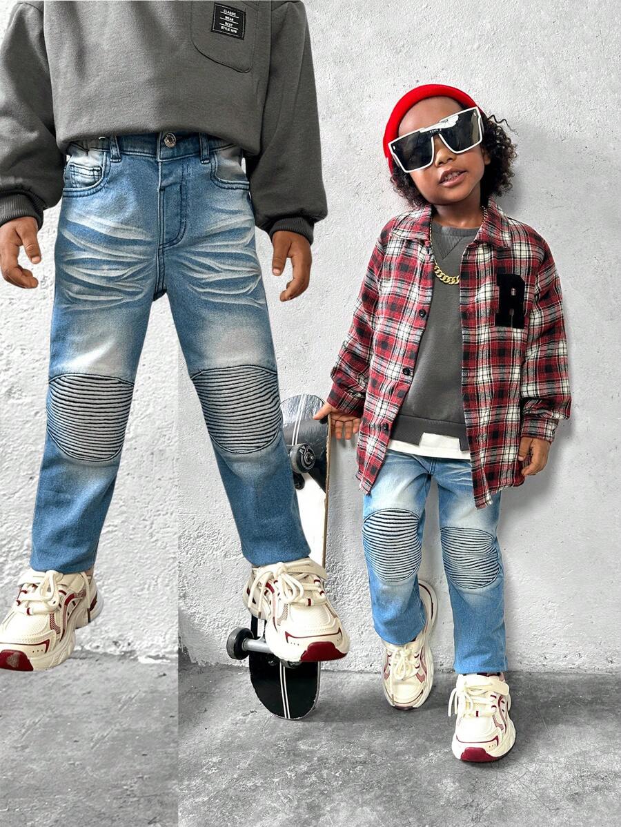 SHEIN Pantalones vaqueros ajustados de mezclilla con detalles bordados en la rodilla y cintura elástica, estilo urbano para niño joven