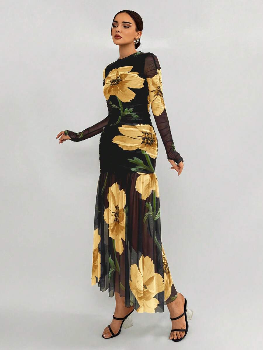 Aloruh Robe fleurie pour femmes à manches longues froncées, imprimé floral avec ourlet contrastant en maille, style romantique pour rendez-vous