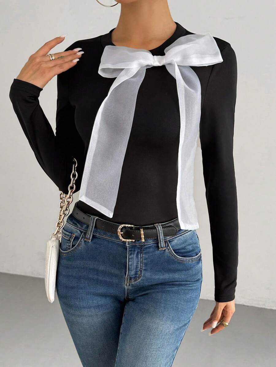 Chiquease Women's Long Sleeve Slim Fit T-Shirt With Bow Decoration, Spring & Autumn