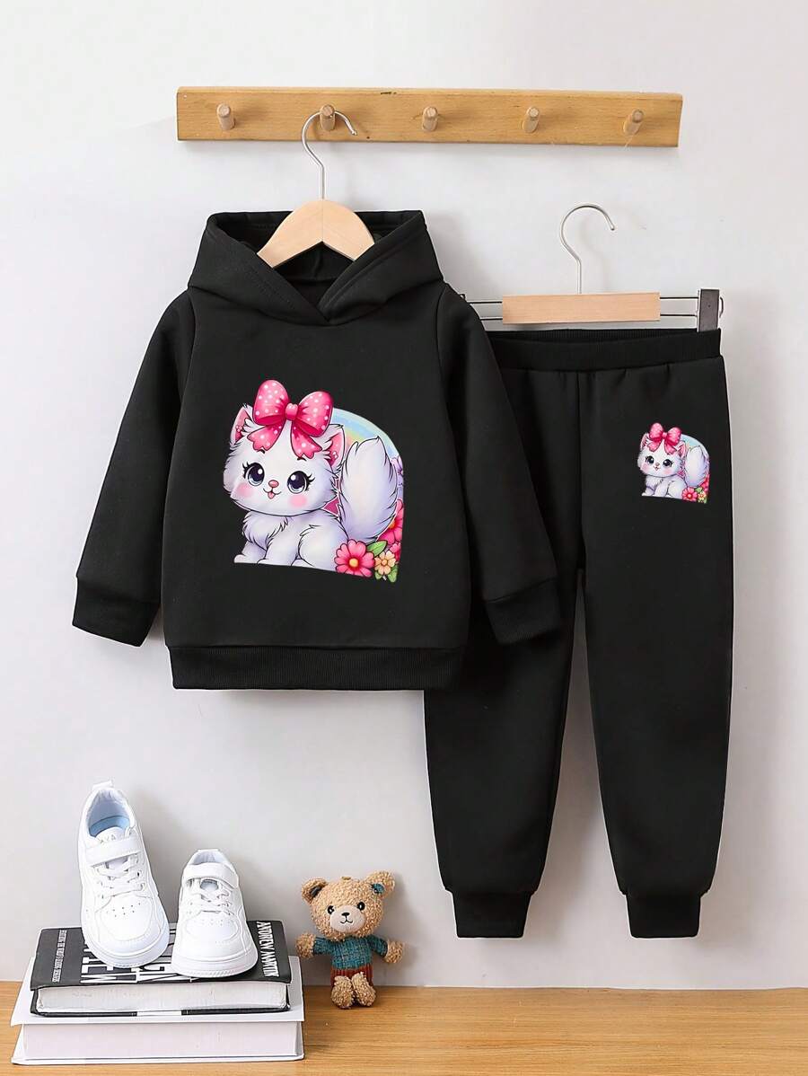 Cartoon Print Hoodie en Broek Casual Trainingspak voor Jong Meisje