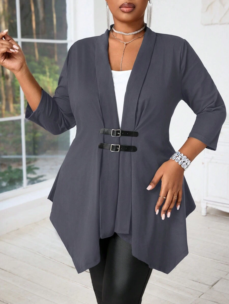 SHEIN Lady Plus Size Black Cardigan With Mid-Length Sleeves & Metal Buckle, Asymmetric Hem Women's Coat Fall Women Outfits Fall Outfits Going Out Outfits Winter