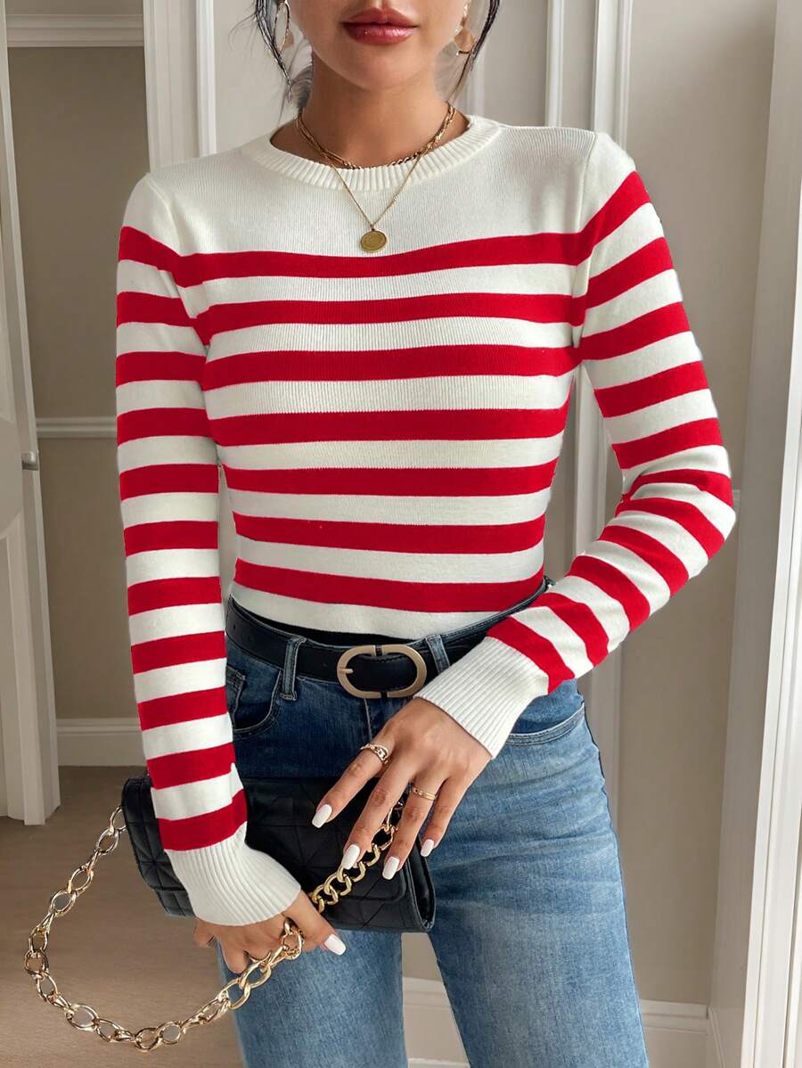 SHEIN Frenchy Women's Round Neck Long Sleeve Striped Minimalist Sweater, Casual Everyday