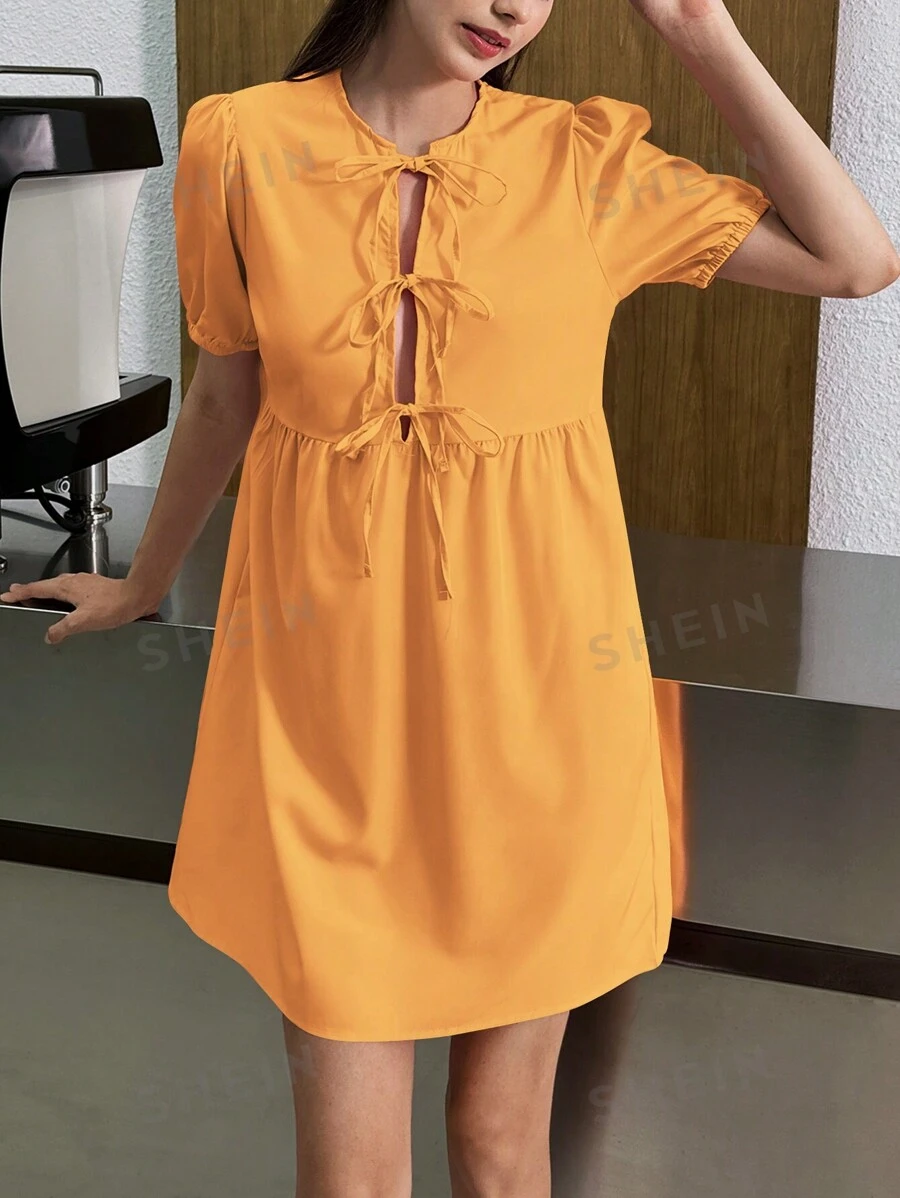 INAWLY Vestido holgado de manga abullonada corta con abertura frontal de amarre en unicolor para mujer de talla grande de verano