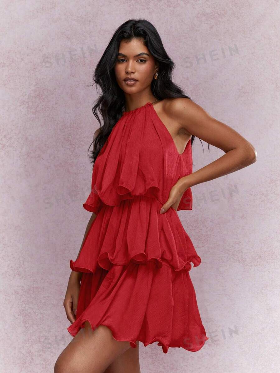 MISSGUIDED Vestido mini de cuello halter con volantes a capas, vestido de verano lindo