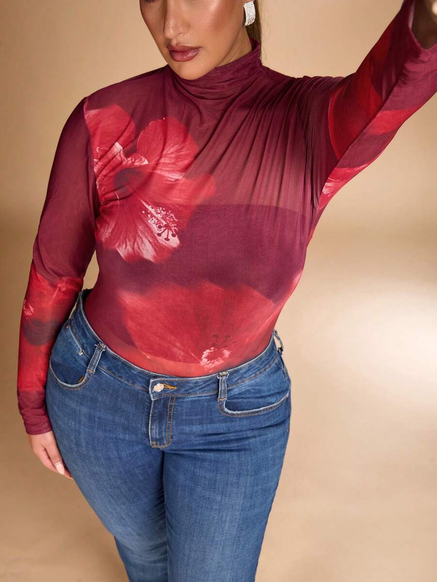 SHEIN BAE Malla larga de manga larga con estampado floral grande, elegante, sexy y dulce, body de talla grande para otoño