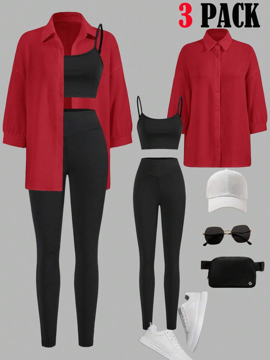 SHEIN LUNE 3pcs/Set Women's Autumn Long Sleeve Shirt, Camisole, And Skinny Leggings Outfit Red Clothes Christmas
