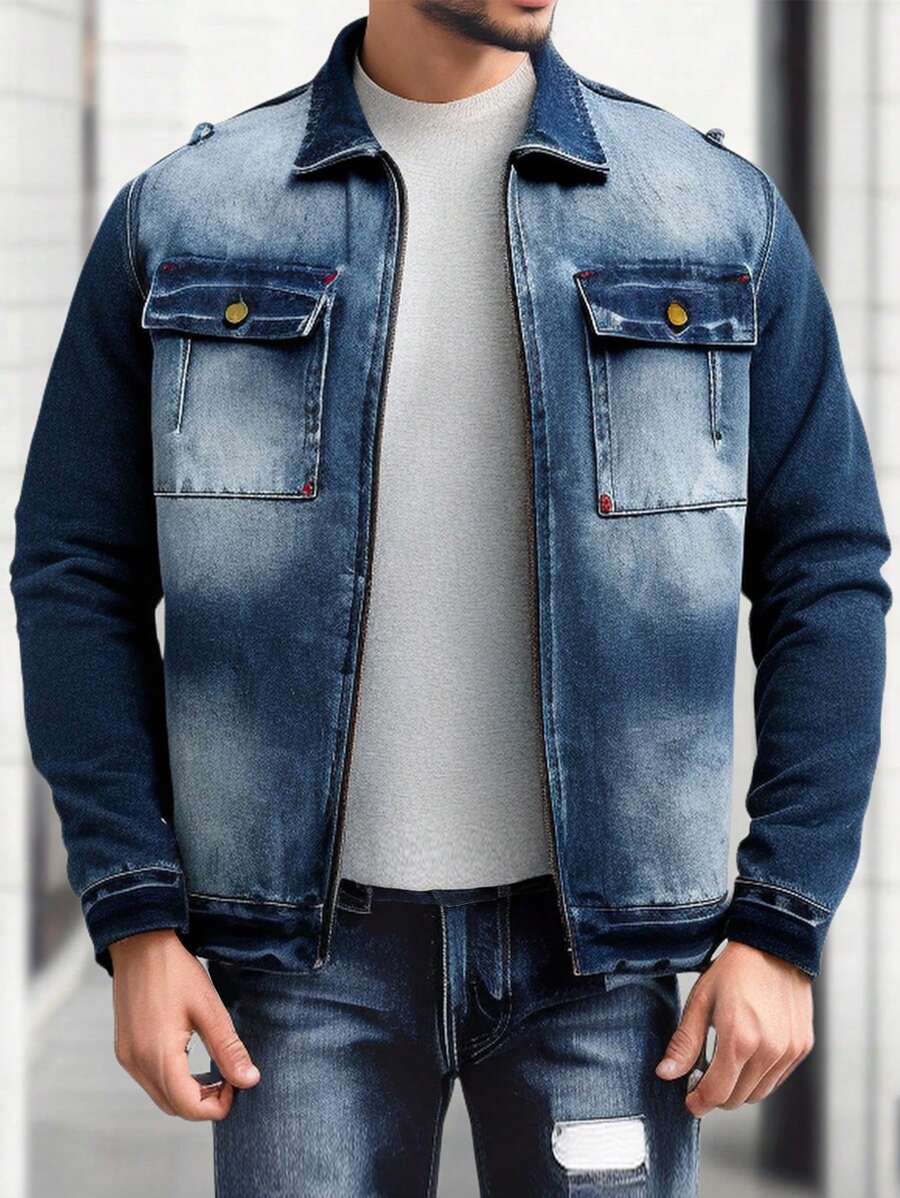 Manfinity Homme Donkerblauw vintage gewassen denim uitgerust truckerjack voor heren