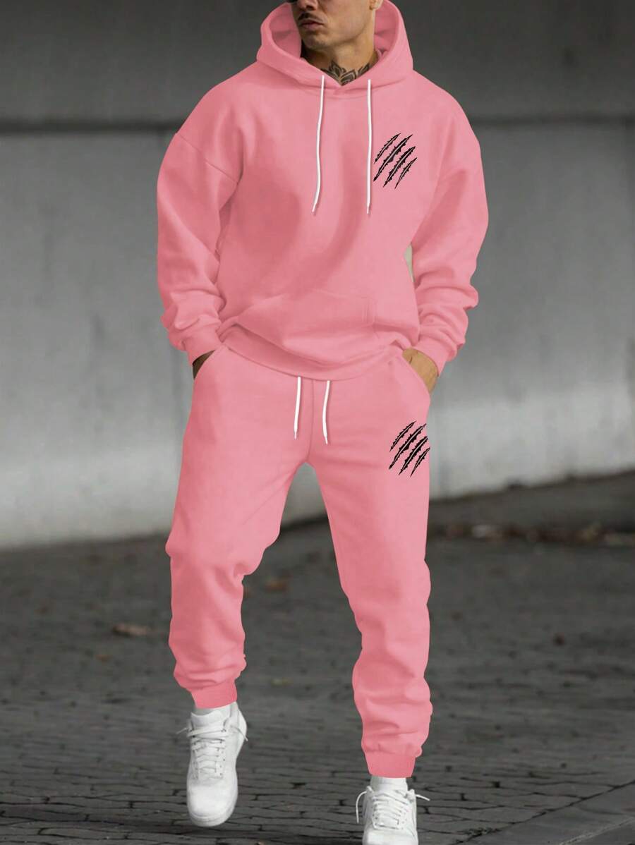 Manfinity EMRG 2pcs Men's Casual Slogan Print Hoodie Sweatshirt And Sweatpants Tracksuits, Autumn Winter, Men Pink Co Ords, Pink Men Outfit, Men Hoodie And Pants Set