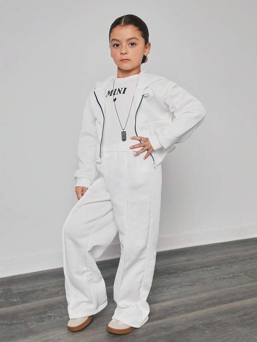 2 piezas Conjunto casual para niña (talla grande) blusa con capucha y pantalón de chándal blanco