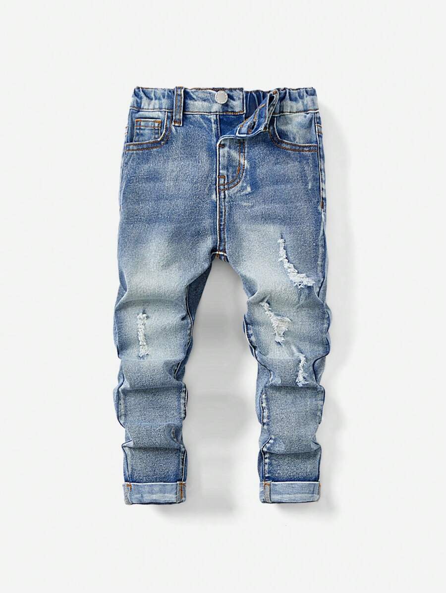 SHEIN Jeans casuales de talle medio asimétricos desgastados para niño joven