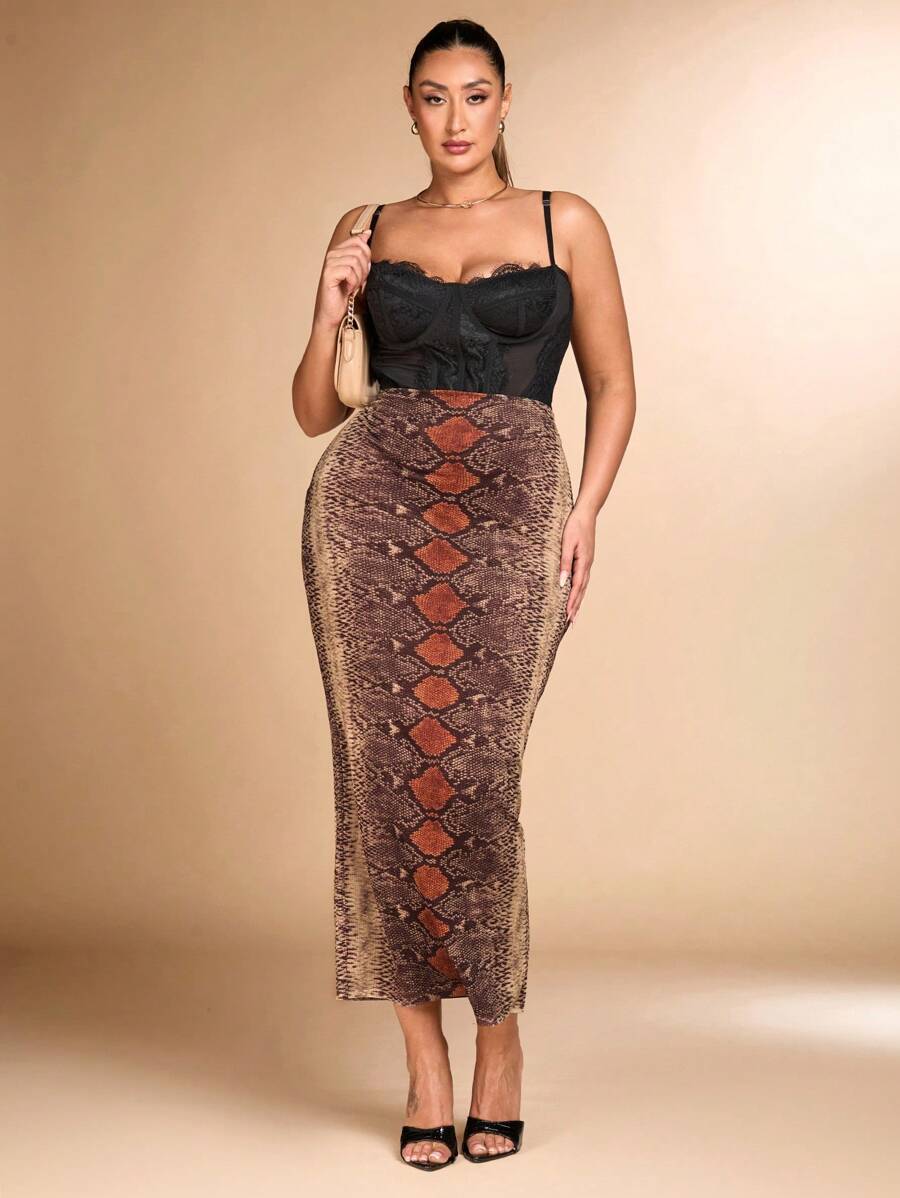 SHEIN BAE Plus Size Herfst Elegante Sexy Vrouwen Dierenprint Slangenprint Mesh Print Slim Fit Bruine Rok