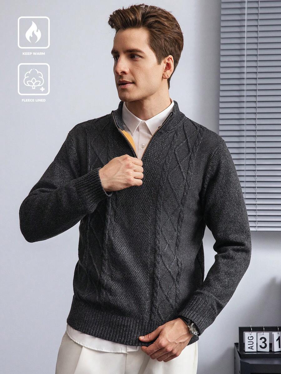 Manfinity CityGents Men's Solid Color Zipper Half Placket Long Sleeve Casual Sweater, Autumn/Winter