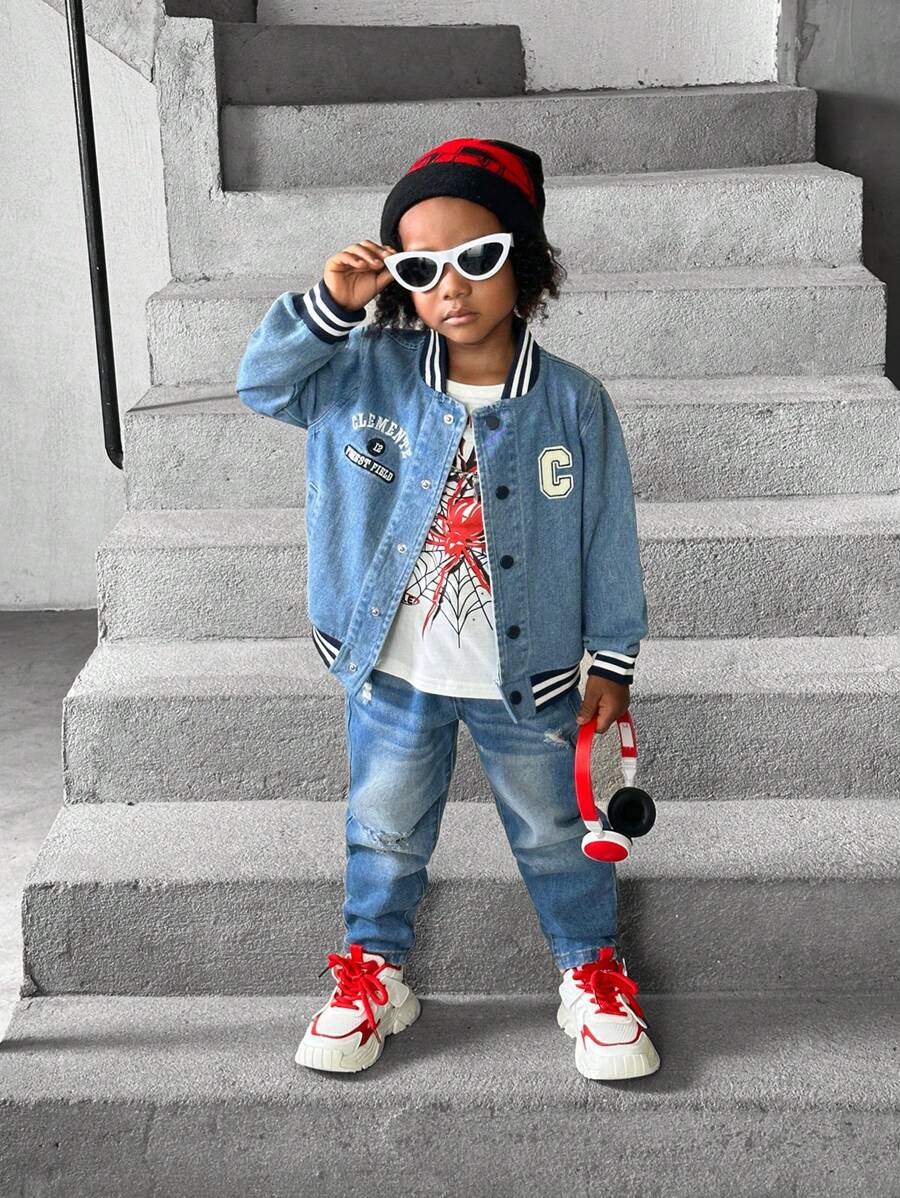1 set Chaqueta de béisbol casual de mezclilla para niños, diseño bordado, uso diario