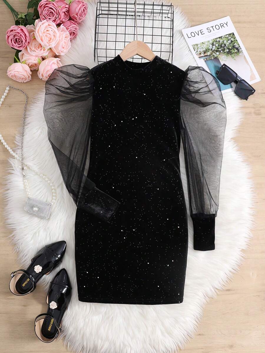 SHEIN Vestido casual justo com contraste de malha e manga gigot para meninas pré-adolescentes, macio e confortável