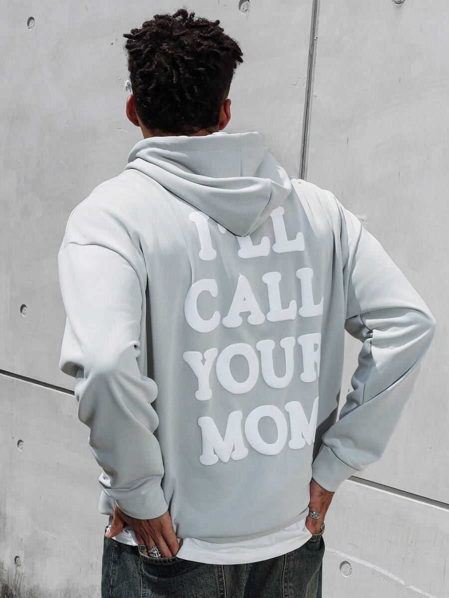 Manfinity Hypemode Loose Fit Men's Cross & Letter Graphic Drop Shoulder Drawstring Hoodie,Graphic Sweatshirt,Fall Men Clothes,Grey Sweater