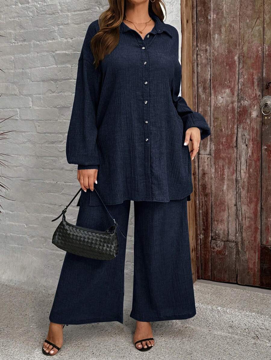 SHEIN LUNE 2pcs Plus Size Comfortable Textured Button-Up Long Sleeve Shirt And Elastic Waist Wide Leg Pants Set