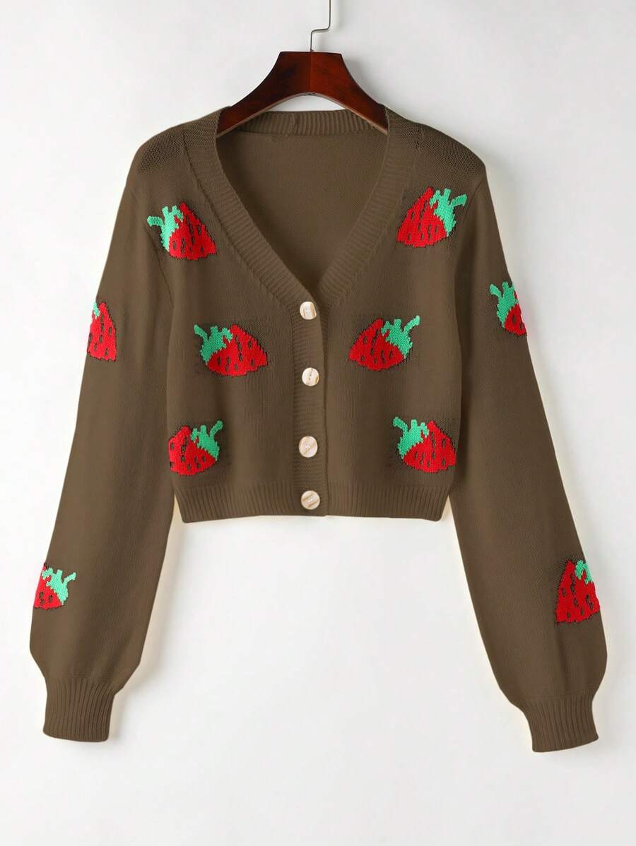 Flirla Women's Autumn/Winter Strawberry Pattern Long Sleeve Short Casual Cardigan