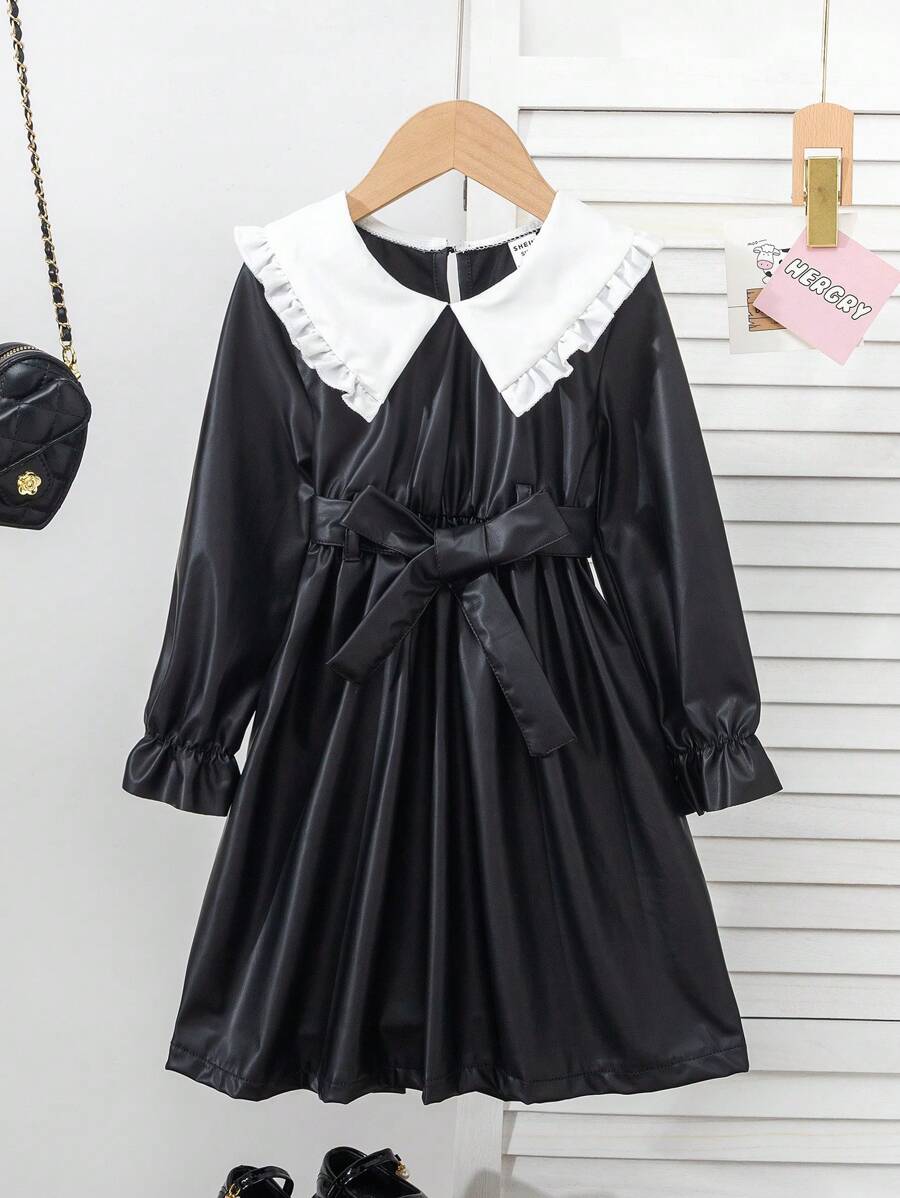 Vestido negro de manga larga y talle ajustado con cinturón a juego, estilo punk para niña joven, primavera/otoño