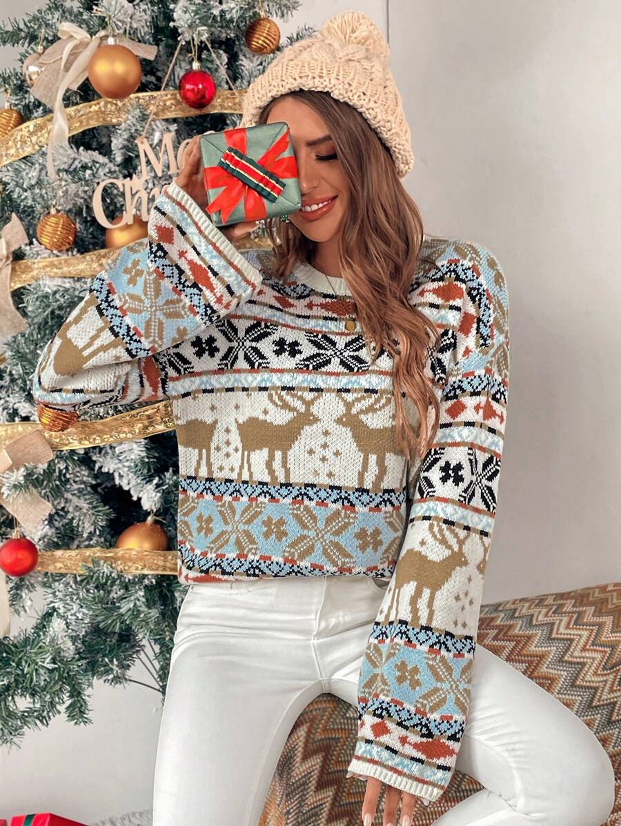 Chiquease Women's Geometric Pattern Drop Shoulder Long Sleeve Casual Sweater, Autumn & Winter