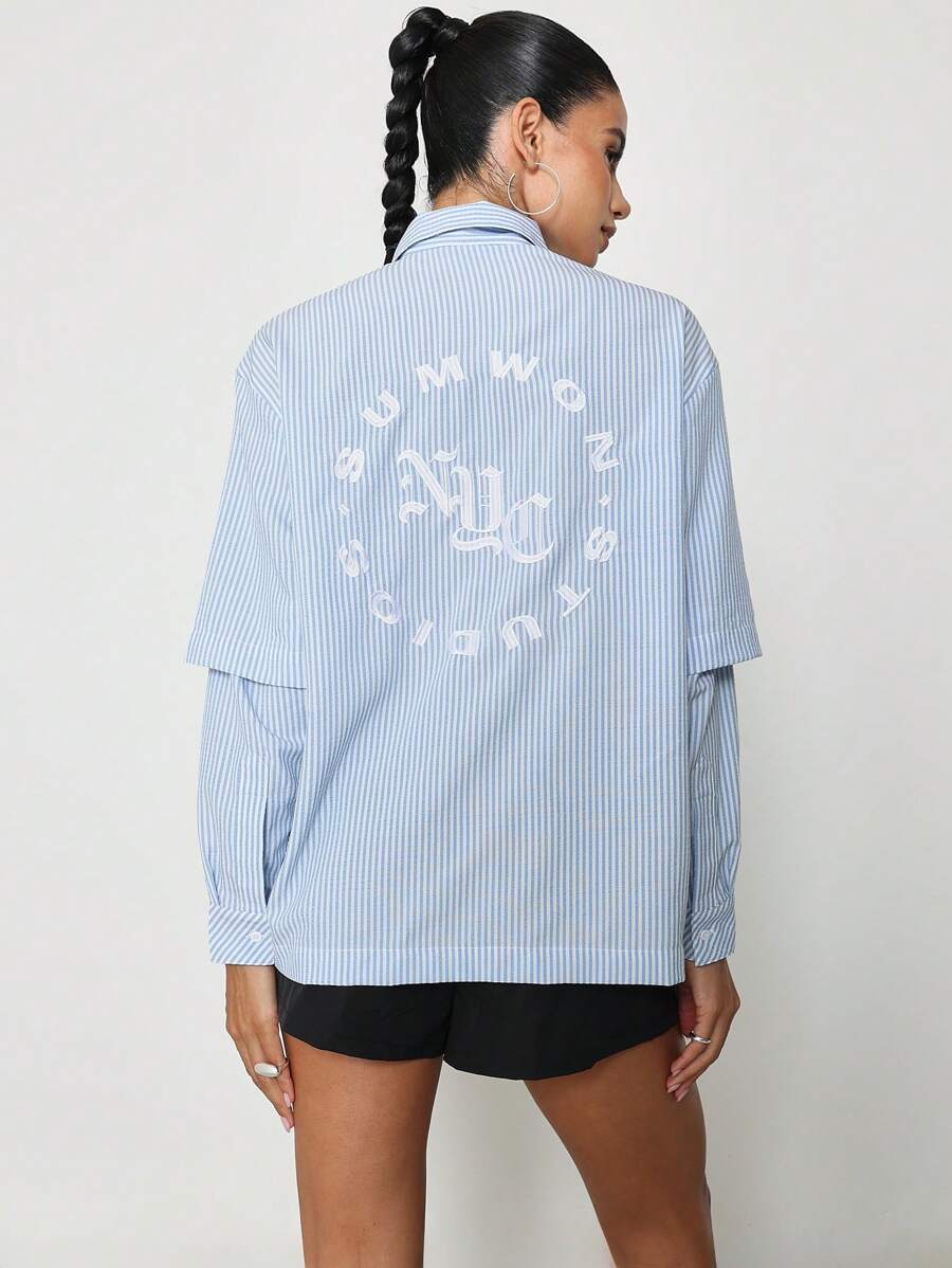 SUMWON WOMEN Street Double Layer Pinstripe Shirt With Embroidered Design