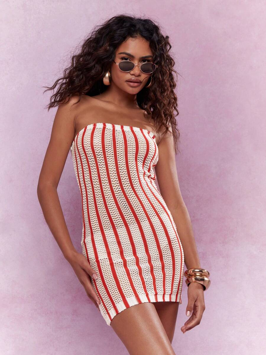 MISSGUIDED Strapless Bandeau Crochet Mini Dress Striped Bodycon Summer Knit Party Club Dress Form Fitting Beach Vacation Evening Attire