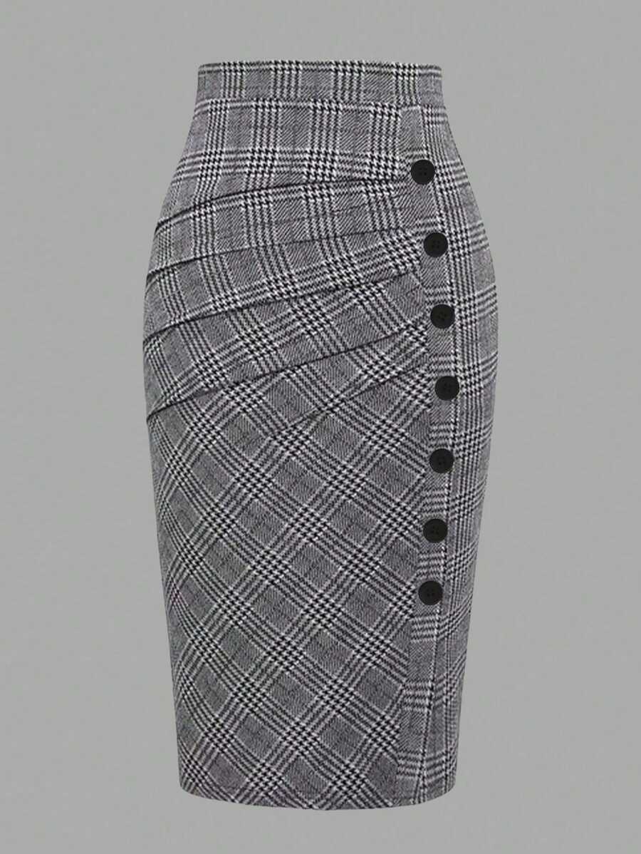 Plus Size Women Elegant Houndstooth Pleated Button Pencil Skirt